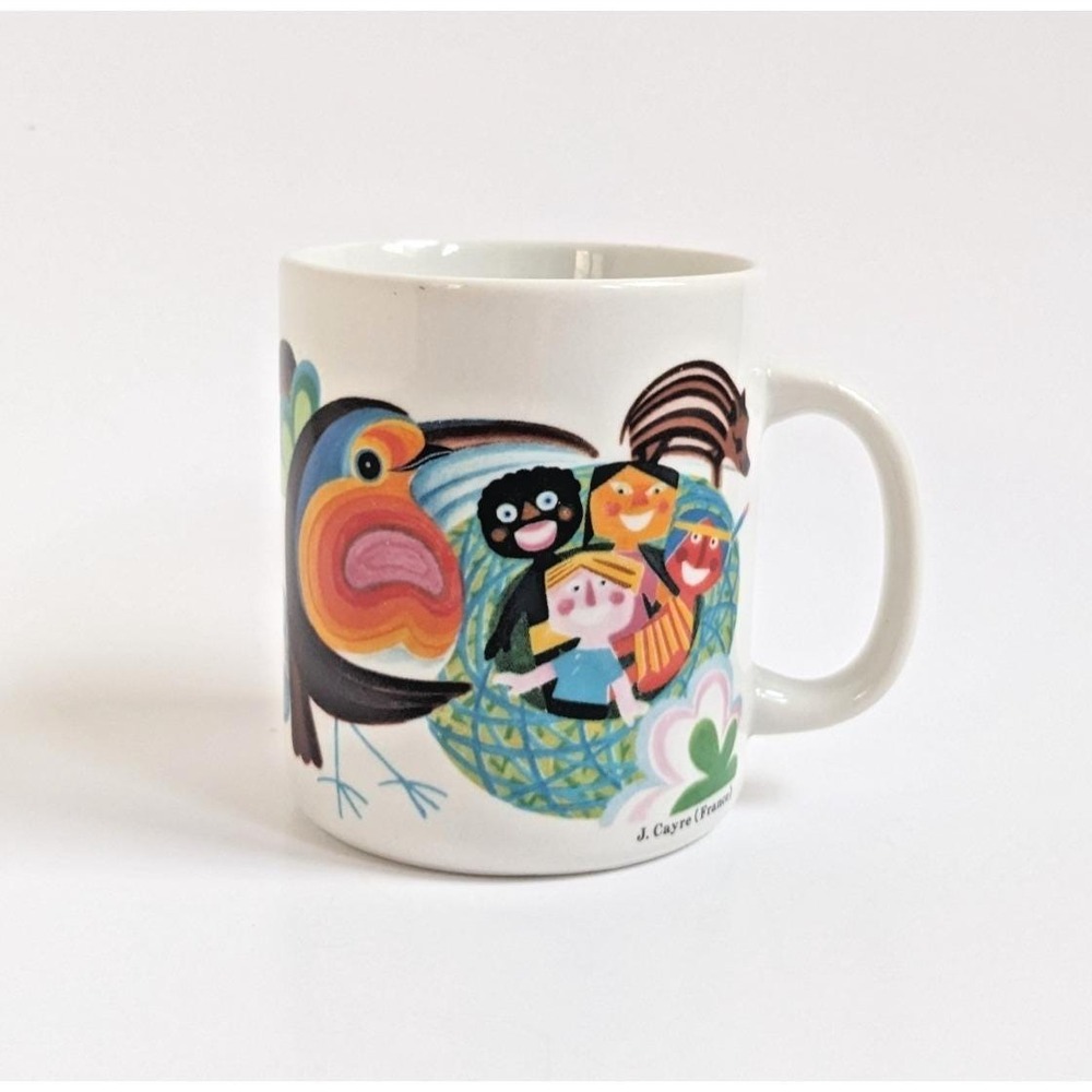 Vintage UNICEF J.‎ Cayre France Coffee Mug Colorful Toucan Hedgehog Children Art